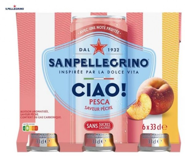 SanPellegrino CIAO PESCA aromatisiertes Wasser mit Kohlensäure in Kiste 24 x 330 ml Italien
