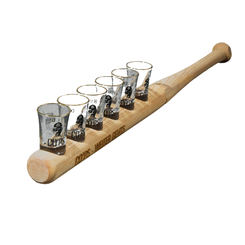 CO'PS Shot Set with wooden bat and 6 high quality glasses with gold rim