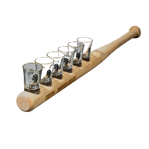 CO'PS Shot Set mit Holz Schläger und 6 hochwertigen Gläser mit Goldrand