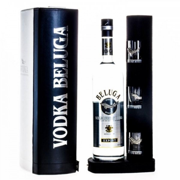 BELUGA Vodka Classic NOBLE SET mit 3 Shotgläser Verpackung mit Lederoptik 70 cl / 40 % Russland
