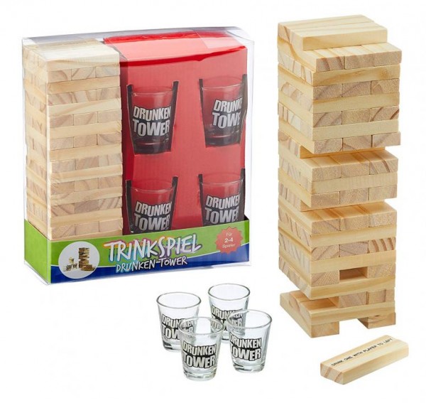 Trinkspiel DRUNKEN TOWER Jenga WACKELTURM mit 60 Holz Bauklötzen und 4 Gläser