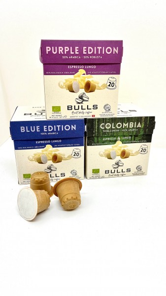 BULLS Coffee tasting set WOOD CAPS in 3 variants 3 x 20 pieces Switzerland