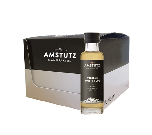 amstutz Edelbrand VIEILLE WILLIAMS Goldprämiert PORTION Box 25 x 2 cl / 36 % Schweiz