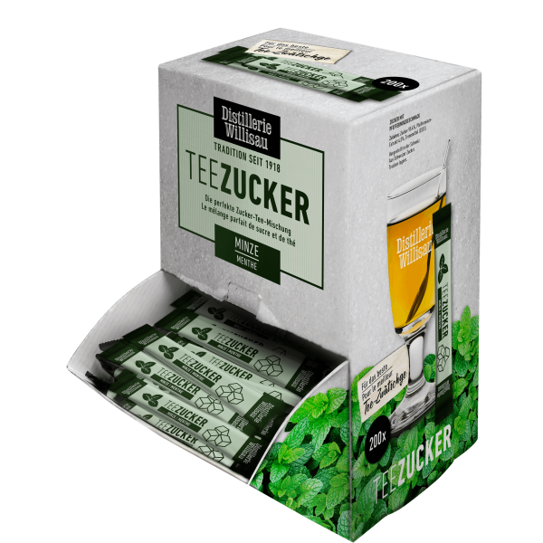 TEE ZWÄTSCHGE ZUCKER STICKS miT MINZE perfekt gemischt BOX 200 x 5 Gramm Schweiz