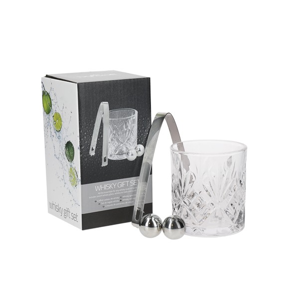 WHISKY Geschenk Set mit Glas, Zange und Metall Eisbällen by BarCraft