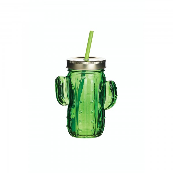 KAKTUS Drink Becher mit Strohhalm aus grünem Glas SET 4 Stück 400 ml by BarCraft
