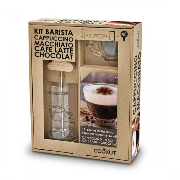 COOKUT BARISTA gift set with FRANCH PRESS, 2 cups, recipe book, template.