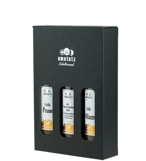 amstutz Edelbrand 3 er SET Kleinflasche mit Alte Bure Zwätschge, Vielle Prune & Williams 3 x 20 cl