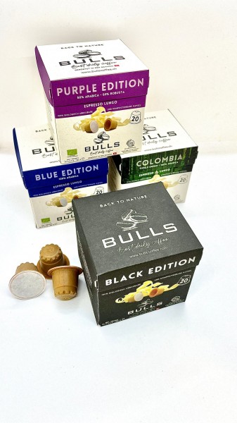 BULLS Coffee Degustation Set WOODEN CAPSULES in 4 variants 4 x 20 pieces Switzerland