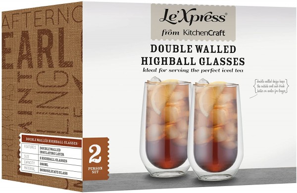 Le’Xpress Double Walled Insulated Highball Glasses 380 ml - Set of 2 by KitchenCraft