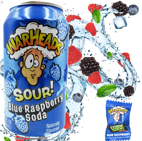 WARHEADS Sour BLUE RASPBERRY Soda Kiste 12 x 355 ml USA