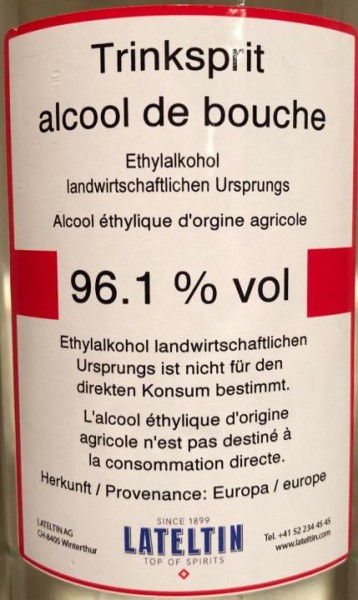 Trinkspirit Pur Landwirtschaftlichen Ursprungs Ethylalkohol 100 cl / 96.1 % Europa