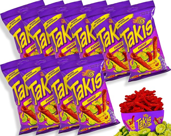 TAKIS FUEGO Corn tortilla chips with chili/lime flavor Box 18 x 100 gram Mexico